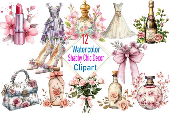 12 Watercolor Shabby Chic Decor Clipart Illustrations