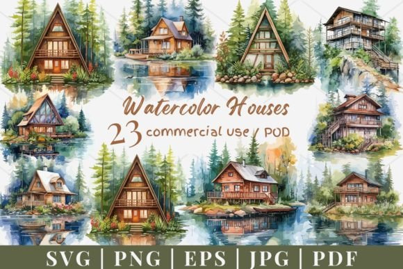 20 Watercolor House Vectors for Embroidery