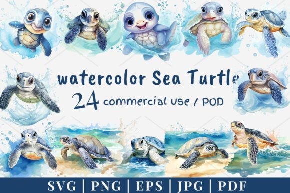 24 Watercolor Sea Turtle Vector SVG 988 Illustrations