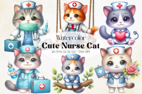 Cute Nurse Cat Watercolor Clipart: Illustrations for Crafters