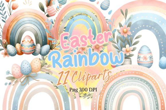 Easter Rainbow Watercolor Clipart: Editorial Illustrations