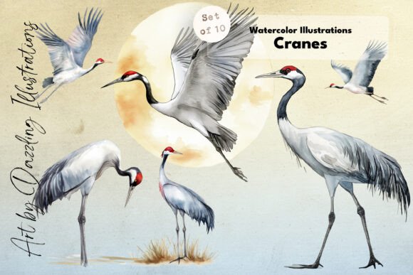 Elegant Watercolor Cranes: Illustrations for Branding