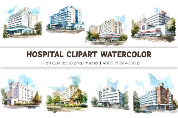 Hospital Building Clipart Watercolor Illustrations