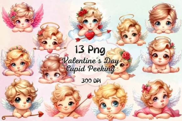 Valentine's Day Cupid Peeking Watercolor Illustrations