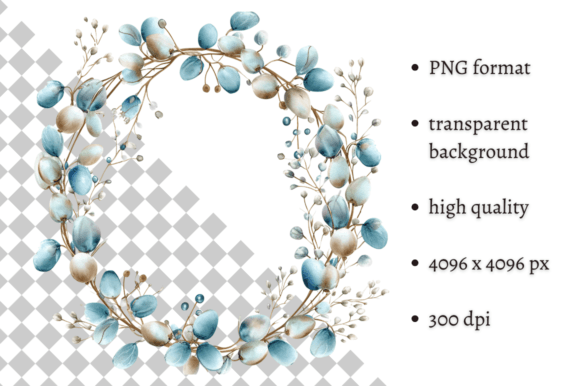 Watercolor Blue Easter Wreath Clipart Illustrations