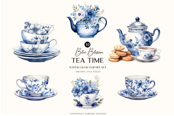 Watercolor Blue Tea Party Illustrations for Crafters