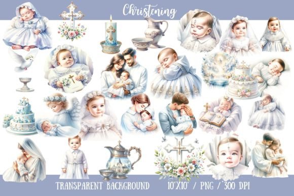 Watercolor Christening Illustrations for Crafting