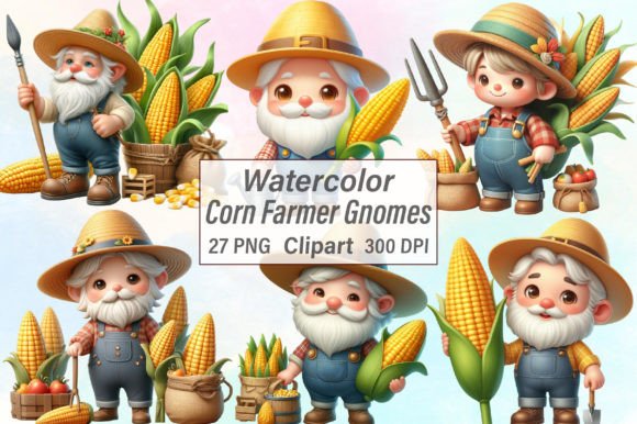 Watercolor Corn Farmer Gnomes Clipart Illustrations