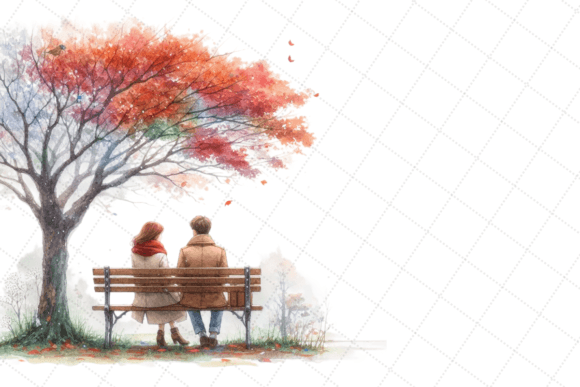 Watercolor Couple Sitting on a Bench Illustrations