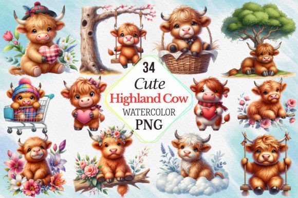 Watercolor Cute Highland Cow Illustrations Review