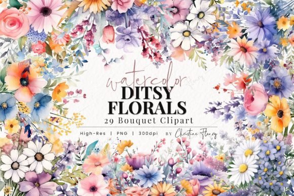Watercolor Ditsy Floral Bouquet Clipart Illustrations