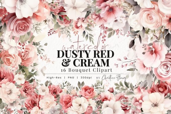 Watercolor Dusty Red Cream Bouquet PNG Illustrations