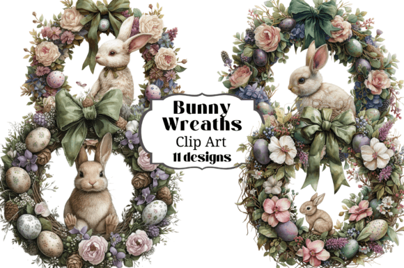 Watercolor Easter Bunny Wreath Clipart Illustrations