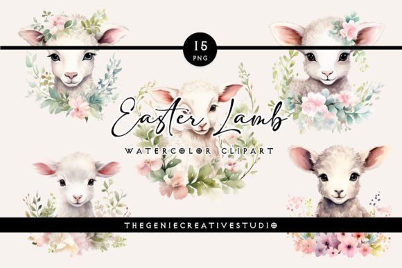 Watercolor Easter Lamb PNG Clipart Set: Illustrations for Crafters