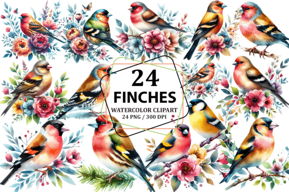 Watercolor Finches Clipart for Embroidery