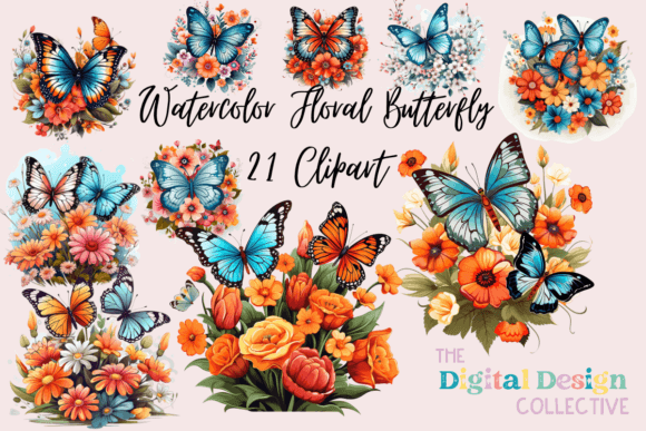 Watercolor Floral Butterfly Clipart for Illustrations