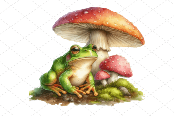 Watercolor Frog Under a Mushroom Clipart Illustrations