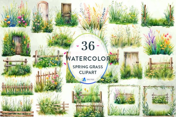 Watercolor Grass Clipart Illustrations for Crafting