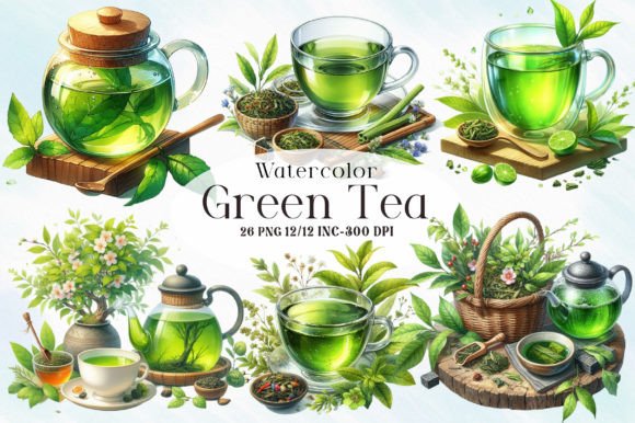 Watercolor Green Tea Clipart: Illustrations for Branding