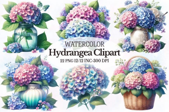 Watercolor Hydrangea Sublimation Clipart Illustrations