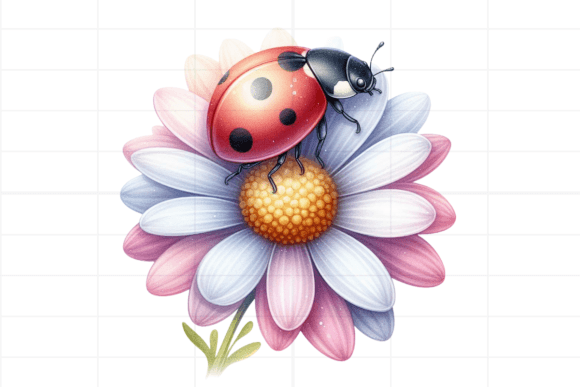 Watercolor Ladybug and Flowers Illustrations for Editorial Use