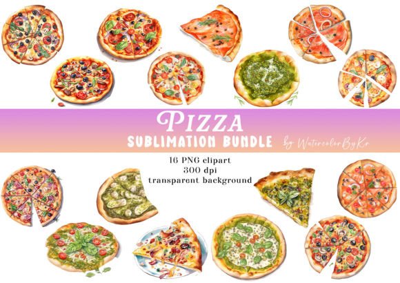 Watercolor Pizza Bundle PNG Clipart Illustrations