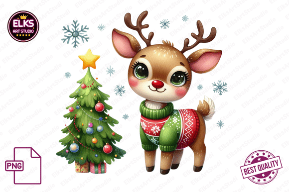 Watercolor Quirky Reindeer PNG Clipart Illustrations