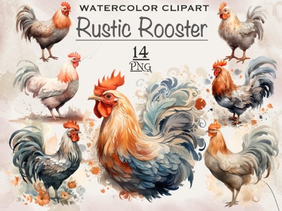 Watercolor Rooster PNG Bundle: Illustrations for Branding