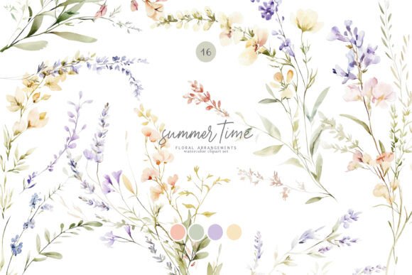 Watercolor Summer Florals Pastel Stems Illustrations