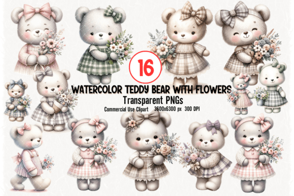 Watercolor Teddy Bear Flowers Bundle Illustrations