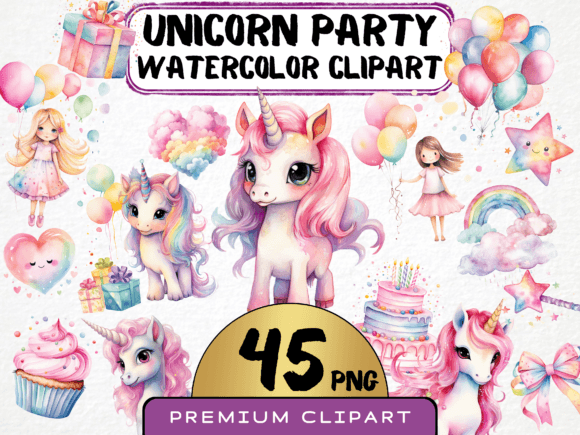 Watercolor Unicorn Party Clipart: Illustrations for Sales