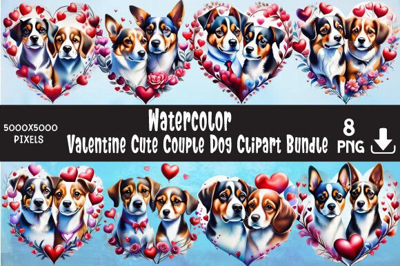 Watercolor Valentine Cute Couple Dog Clipart Illustrations
