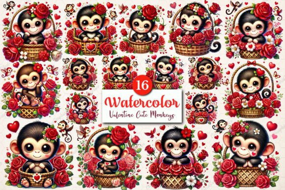 Watercolor Valentine Cute Monkeys PNG Freebies Review